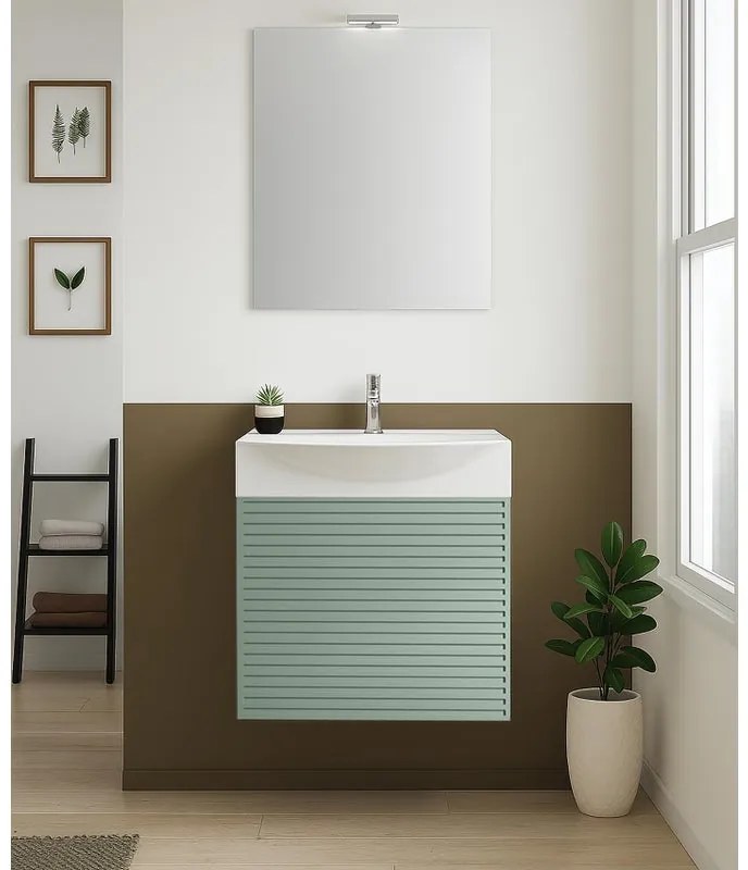 Mobile bagno con lavabo e specchio e illuminazione L 50 x H 58 x P 40 cm laccato opaco verde timo, 1 anta per vasca centrale Mini50s