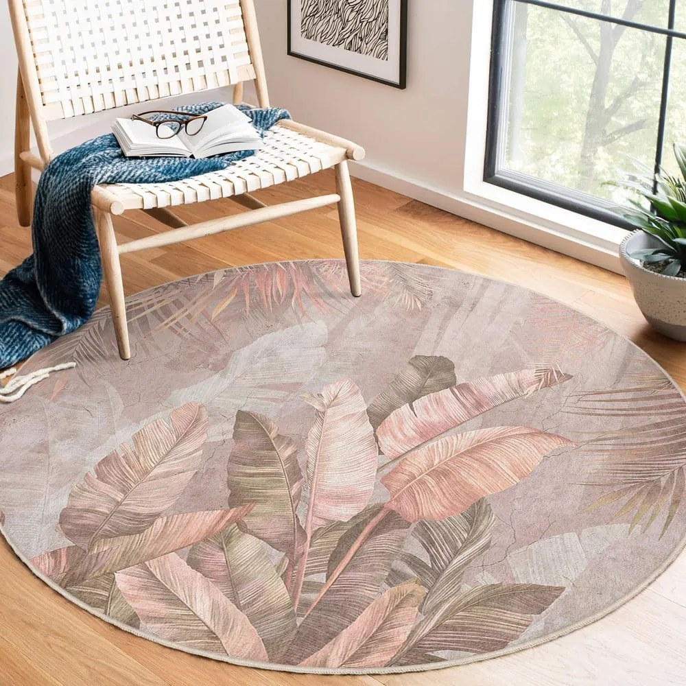 Tappeto rotondo in rosa chiaro lavabile ø 120 cm Dusty Leaves – Mila Home