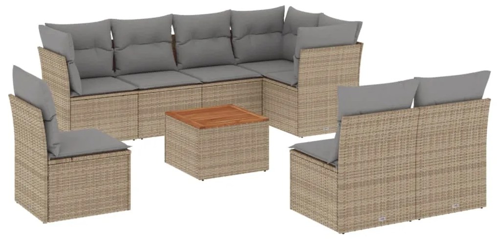 Set Divano da Giardino 9 pz con Cuscini Beige in Polyrattan