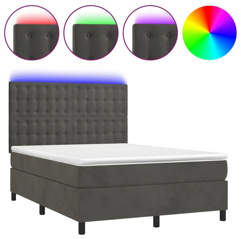 Letto a molle con materasso e led grigio scuro 140x200 cm