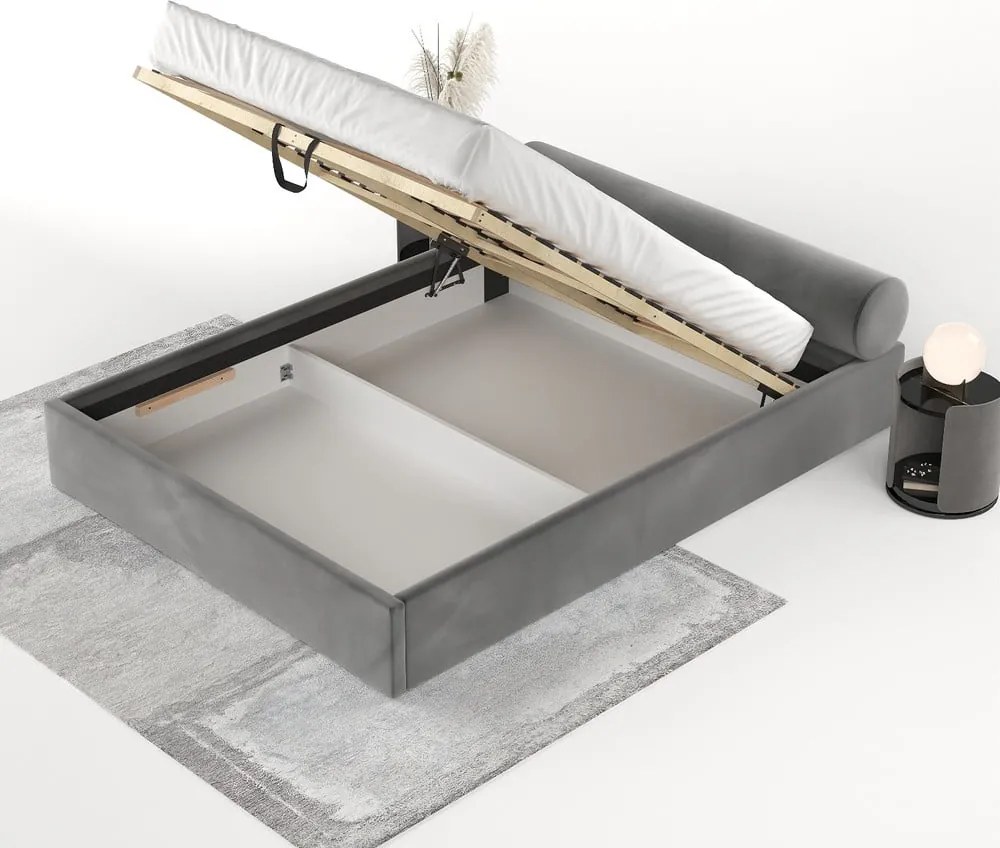 Letto matrimoniale imbottito grigio scuro con contenitore e rete inclusi 140x200 cm Solvo – Maison de Rêve