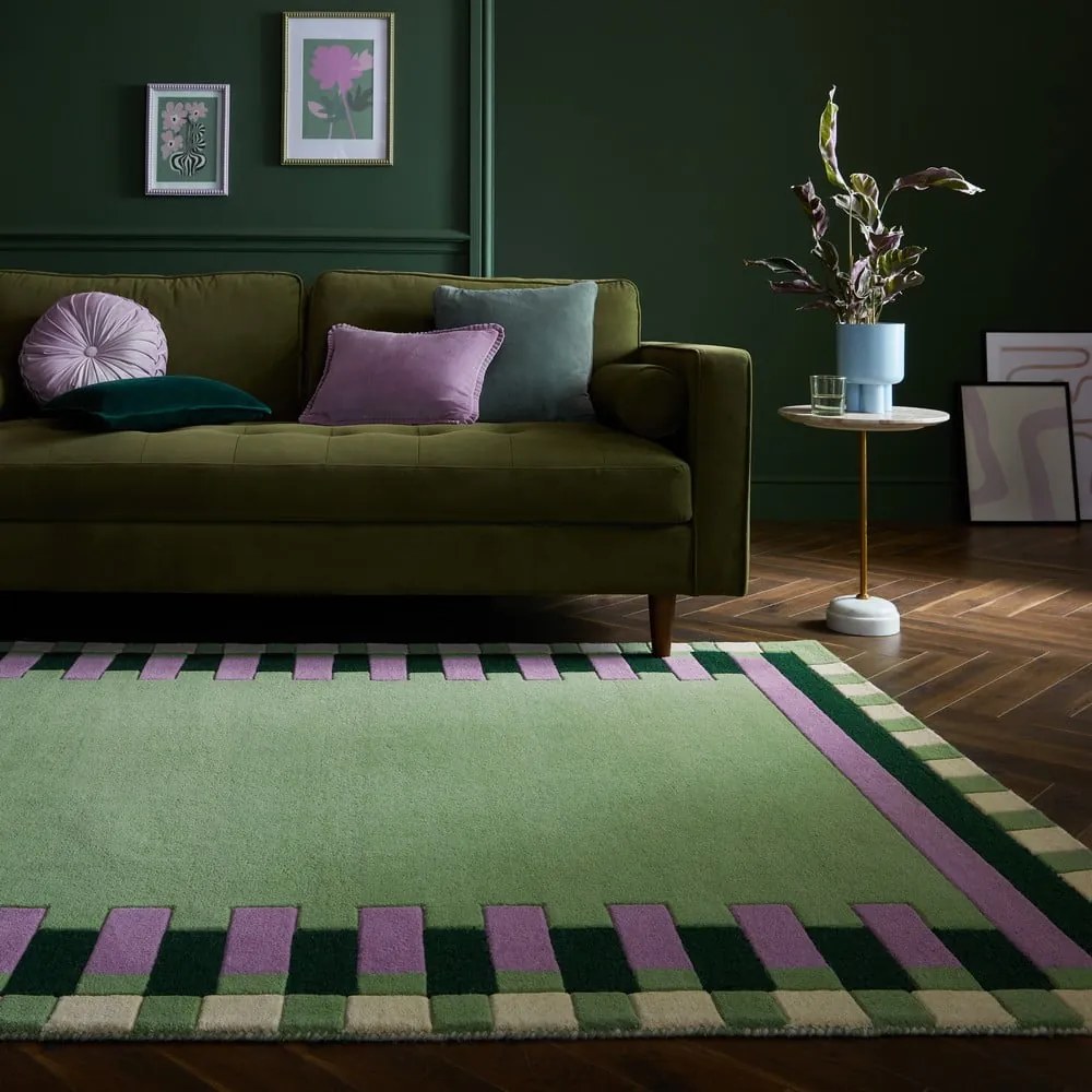Tappeto verde in lana e viola tessuto a mano 120x170 cm Kai Wool Border - Flair Rugs