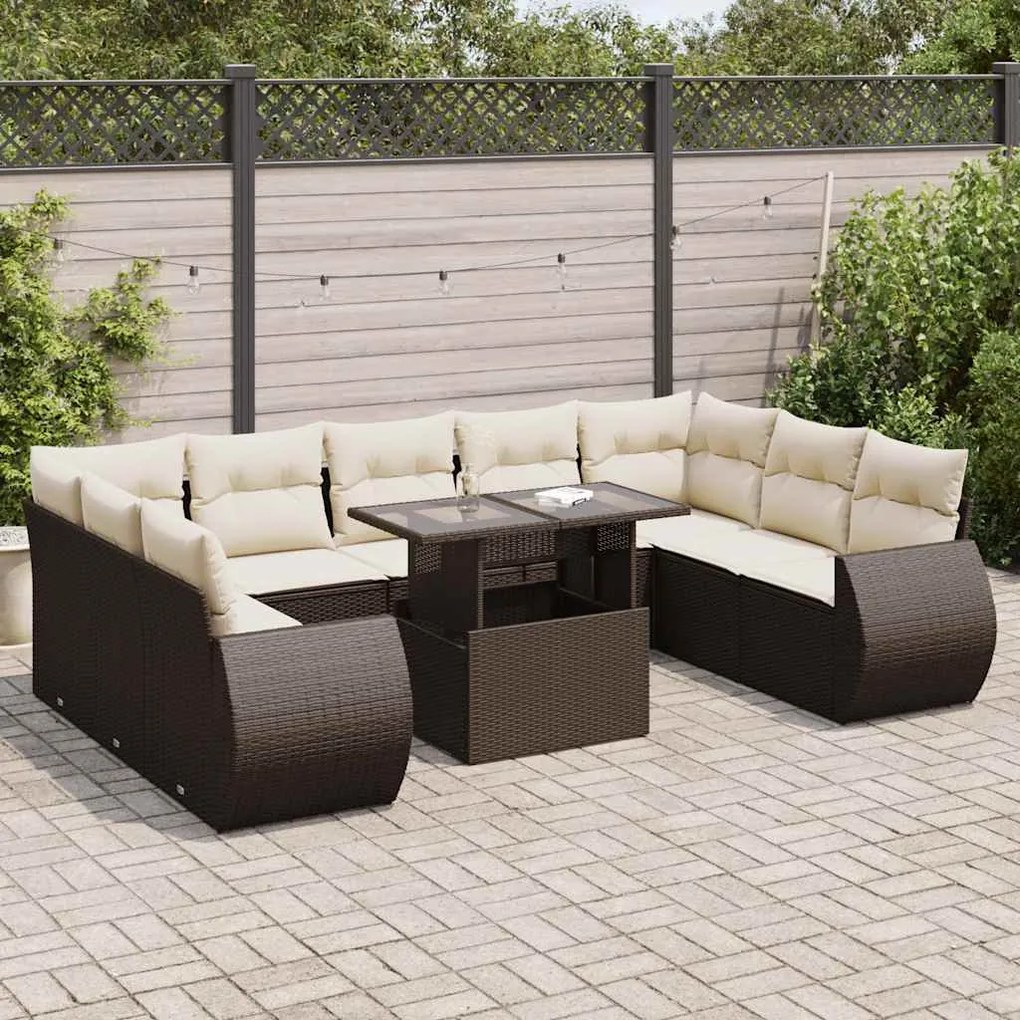 Set divani da giardino 10pz con cuscini in polyrattan marrone