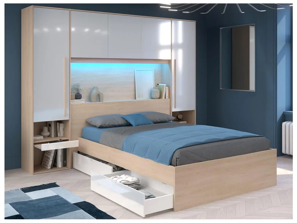 Letto con LED e vani portaoggetti 140 x 190 cm Naturale e Bianco lucido + Rete + Materasso - VELONA