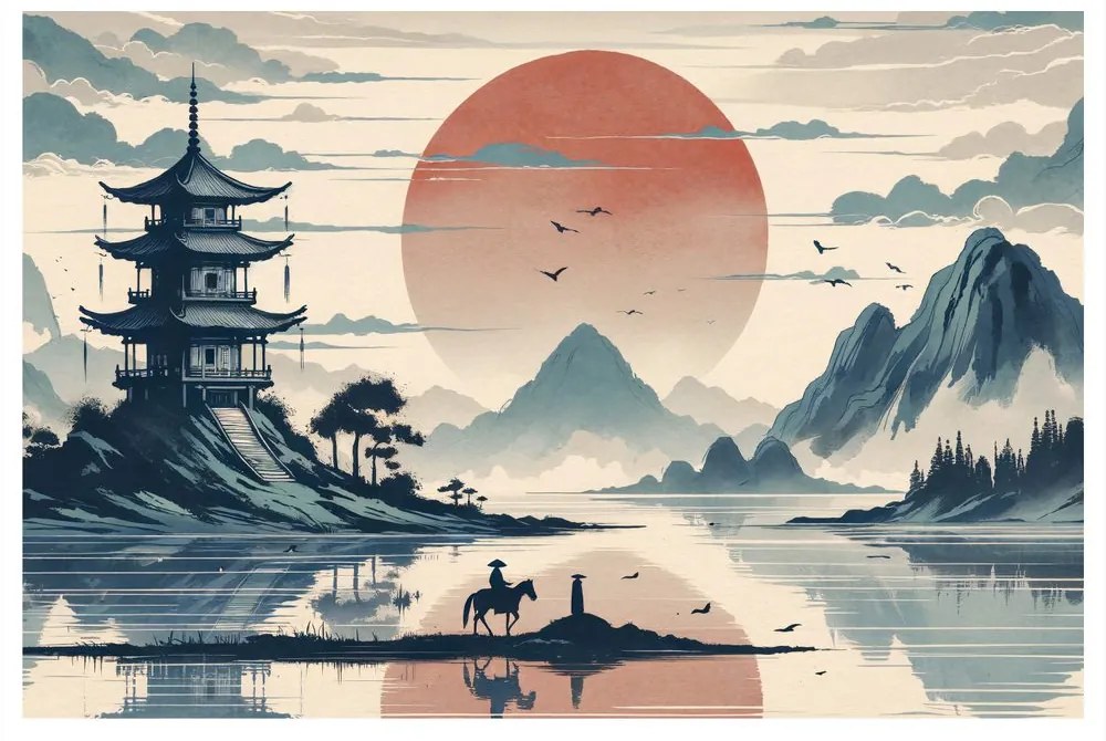 Quadro su tela – Paesaggio giapponese con cavaliere