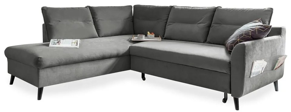 Divano letto angolare in velluto grigio chiaro L, angolo sinistro Stylish Stan - Miuform