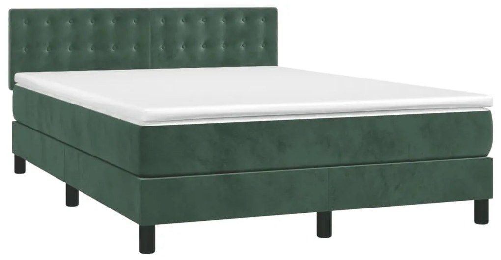 Letto a molle con materasso e led verde scuro 140x200cm velluto