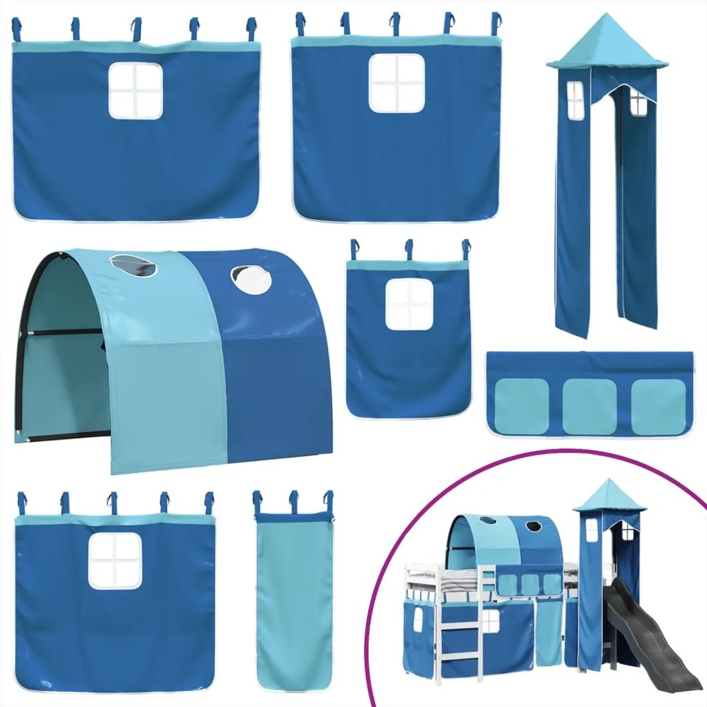 Letto a soppalco con torre bambini blu 80x200cm massello pino