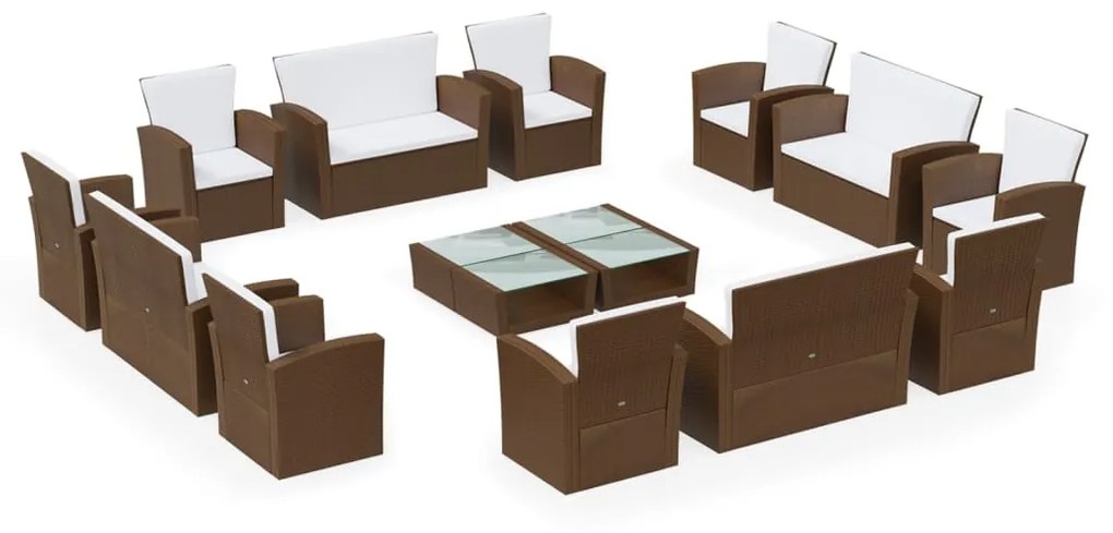 Set divani da giardino 16 pz con cuscini in polyrattan marrone