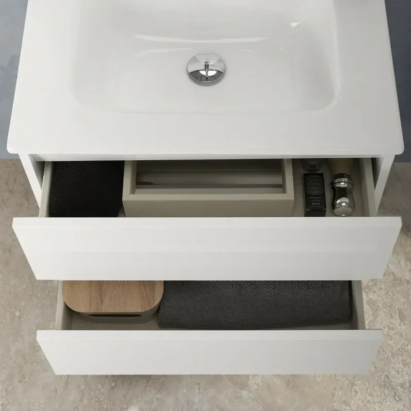 Mobile bagno sospeso 60cm in legno bianco lucido 2 cassettoni con lavabo e specchio Leda