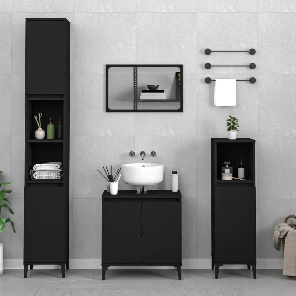 Set Mobili Da Bagno 3 Pz Nero İn Legno Multistrato /