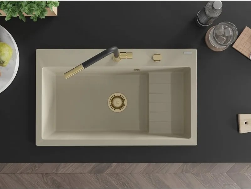 Mexen Omar lavello in granito a 1 vasca 800 x 480 mm, beige, sifone dorato - 6520801005-69-G