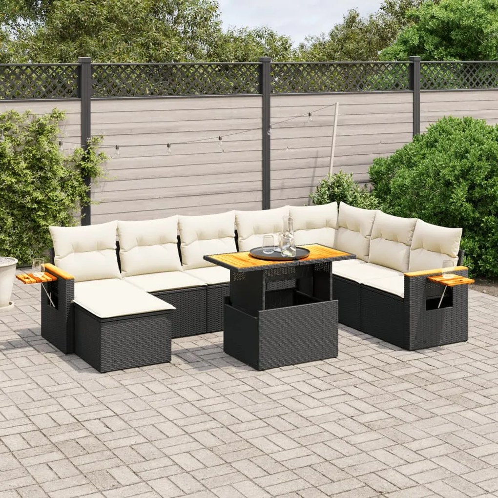 Set divani da giardino 9 pz con cuscini nero in polyrattan