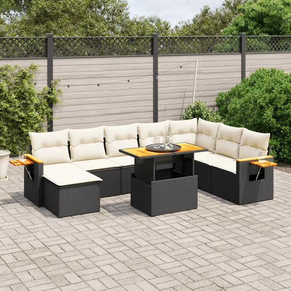 Set divani da giardino 9 pz con cuscini nero in polyrattan