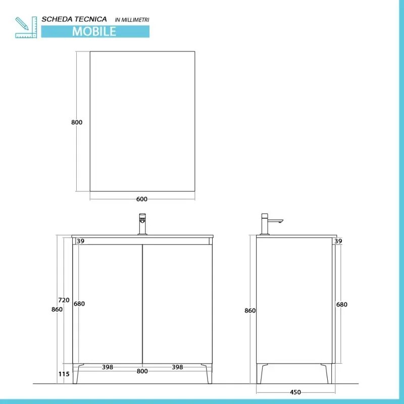 Mobile bagno a terra 80 cm bianco e rovere con 2 ante soft-close Kleo
