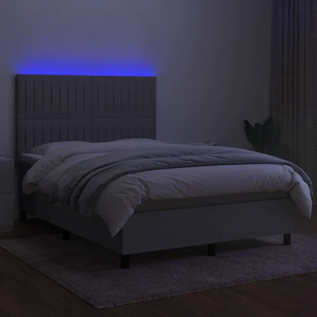 Letto a molle materasso e led grigio chiaro 140x200 cm tessuto