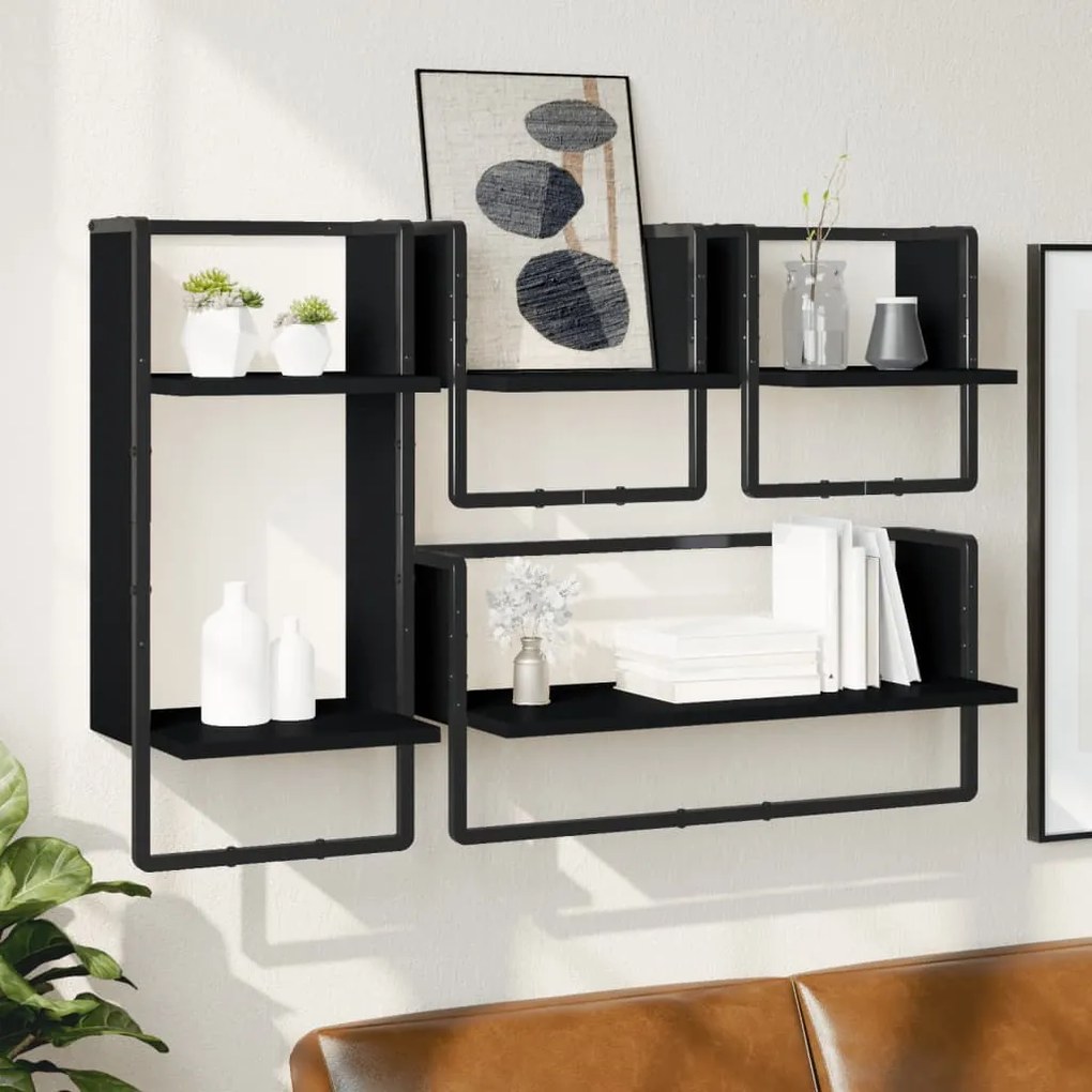 Set Mensole Da Parete Con Aste 4pz Nero İn Legno Multistrato /