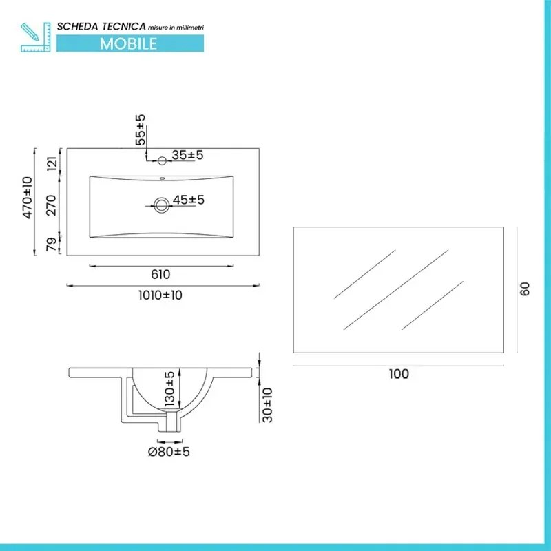 Mobile bagno sospeso 100cm azzurro polvere con cassetti lavabo e specchio Elva