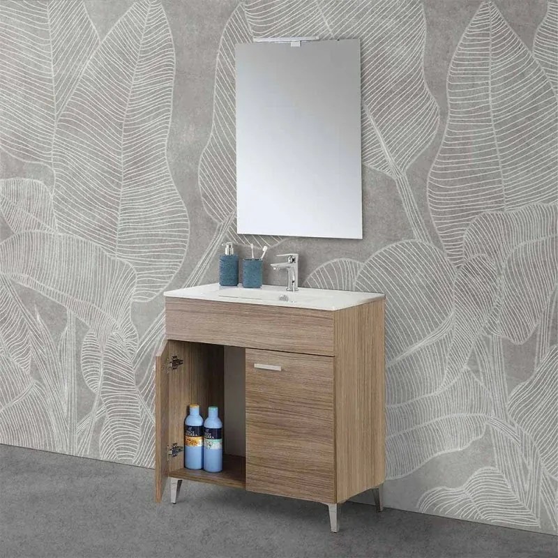 Mobile bagno a terra 80 rovere tropea con lavabo e specchio LED Martha