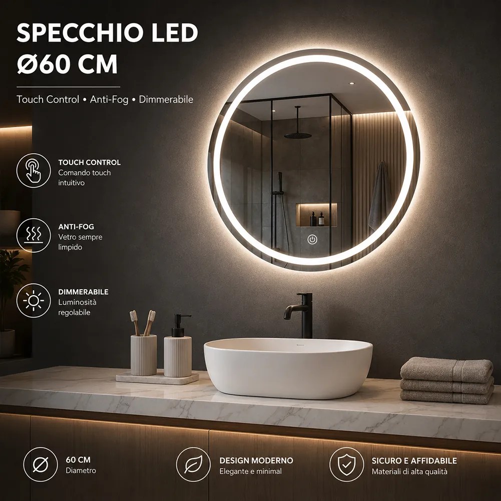 Specchio Rotondo Ø60cm LED a 3 Colori Dimmerabile Accensione Touch...