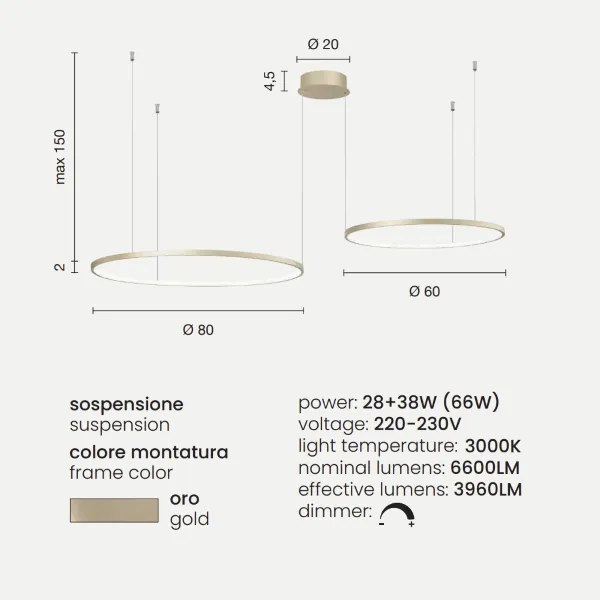 Lampada a sospensione a Led 160 cm SOEL 2 Luci in metallo verniciato ORO