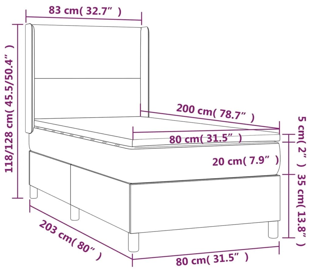 Letto a Molle con Materasso e LED Tortora 80x200 cm in Tessuto