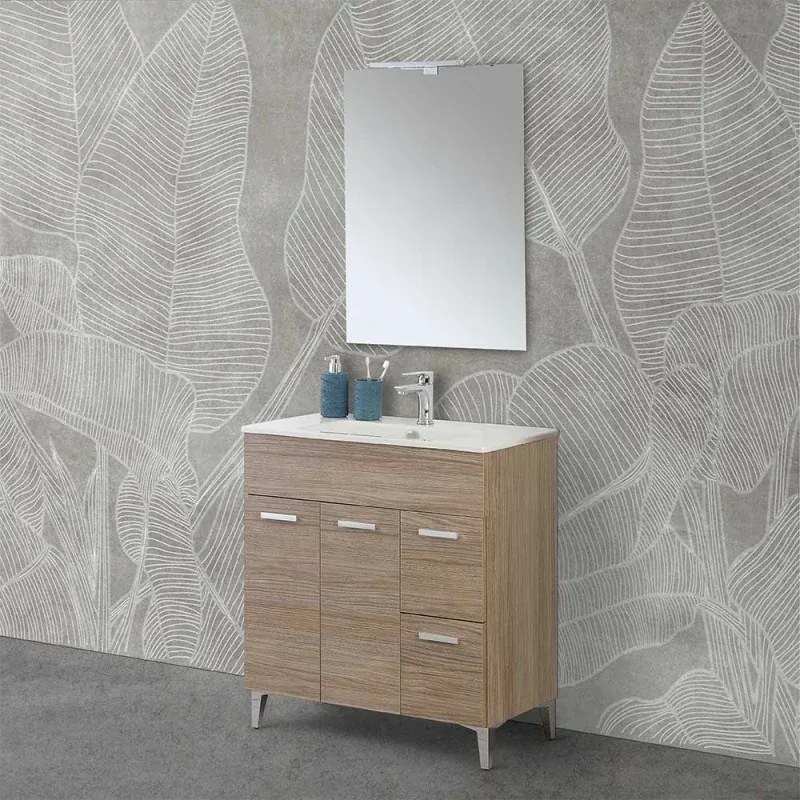 Mobile bagno a terra 80 rovere tropea con top e specchiera LED Martha