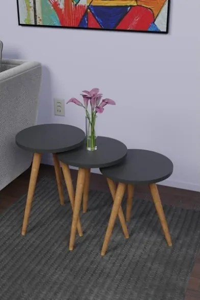 Set 3 Tavolini Decorativi Da Salotto Gambe Legno Aphrodite Antracite