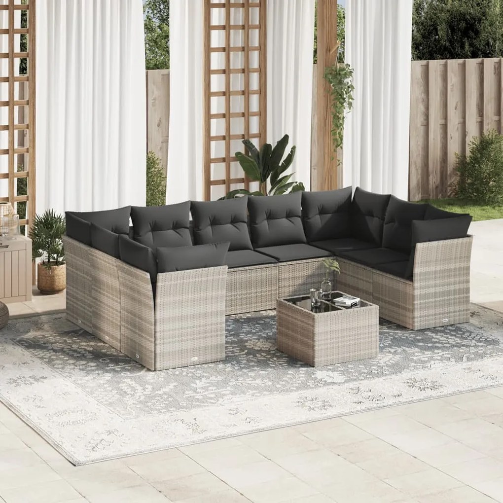 Set divano giardino 10 pz con cuscini grigio chiaro polyrattan