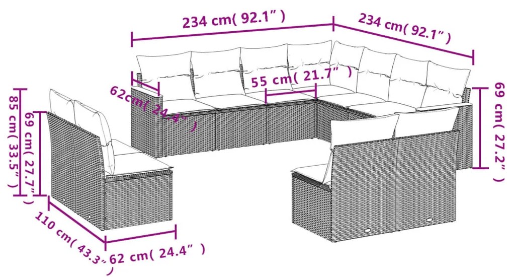 Set divani da giardino 11 pz con cuscini in polyrattan grigio