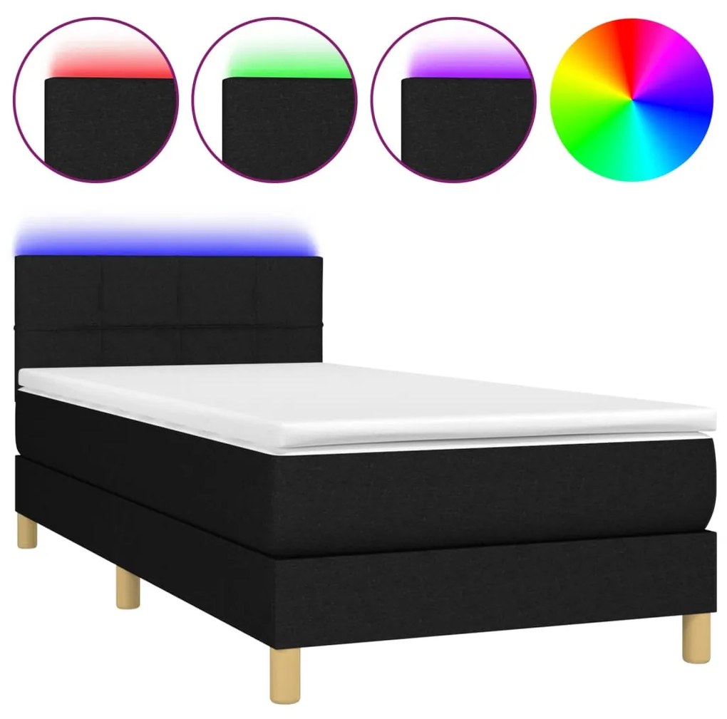 Letto a molle con materasso e led nero 100x200 cm in tessuto