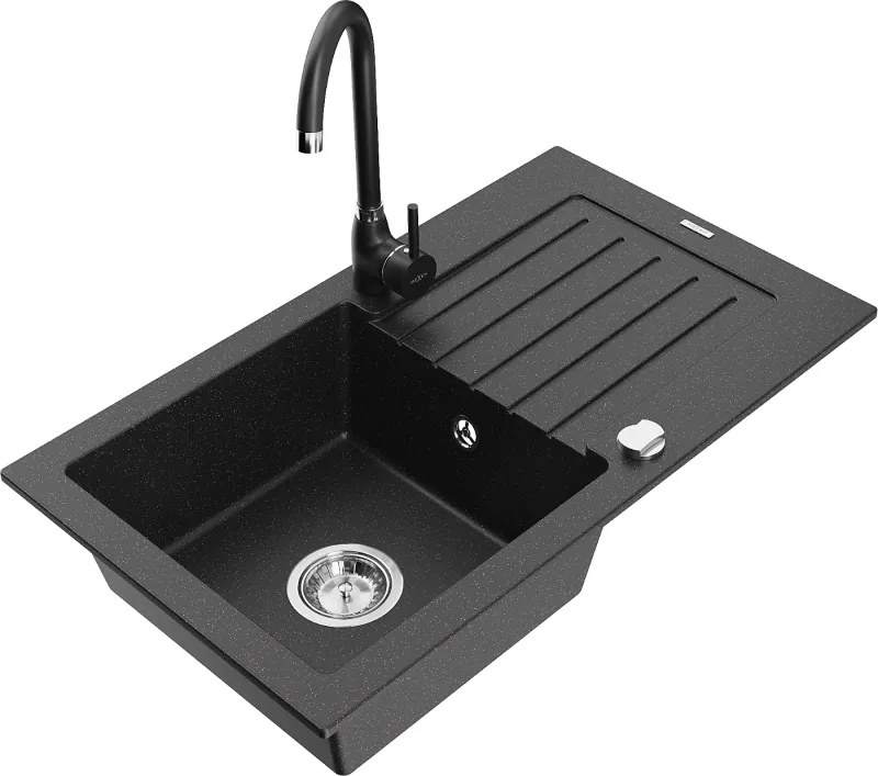 Mexen Pablo lavello in granito a 1 vasca con scolapiatti e rubinetto da cucina Telma, nero/argento - 6510-73-670200-70