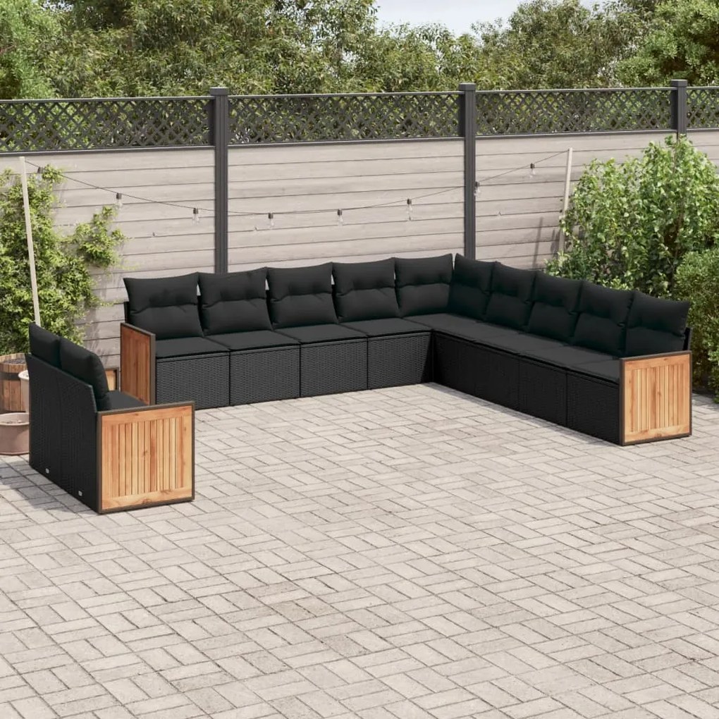 Set divani da giardino 11 pz con cuscini in polyrattan nero