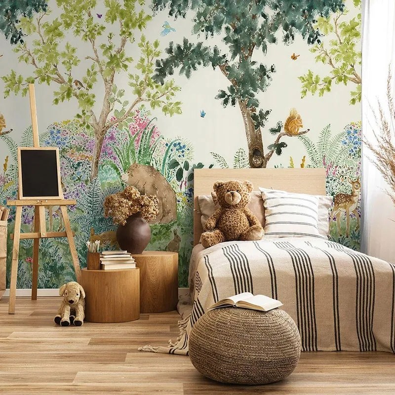 Fotomurale HOLDEN DECOR Animali del bosco, verde, marrone, blu, giallo fondo bianco 210X280 cm