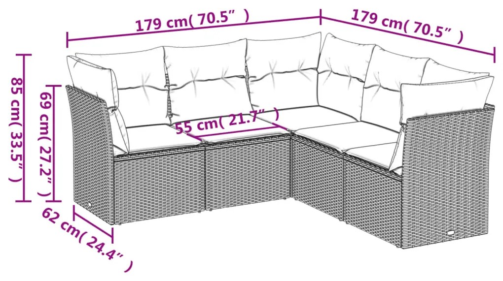 Set divano da giardino 5 pz con cuscini grigio in polyrattan