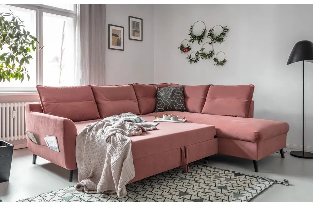 Divano letto angolare in velluto rosa L, angolo destro Stylish Stan - Miuform