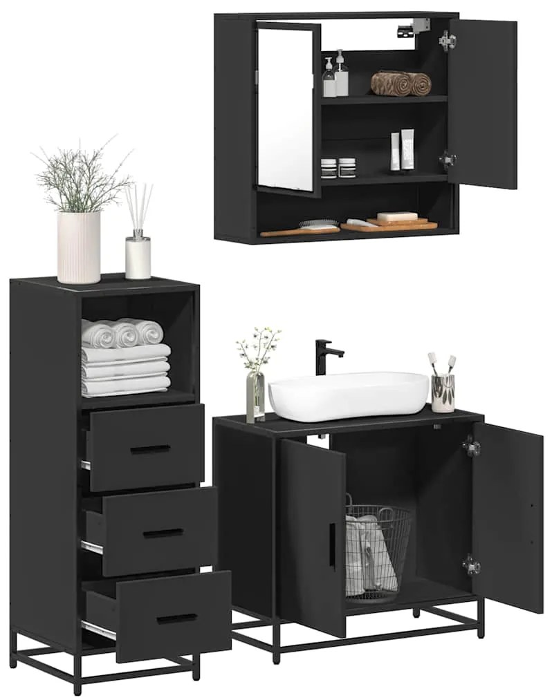 Set Mobili Da Bagno 3 Pz Nero İn Legno Multistrato /