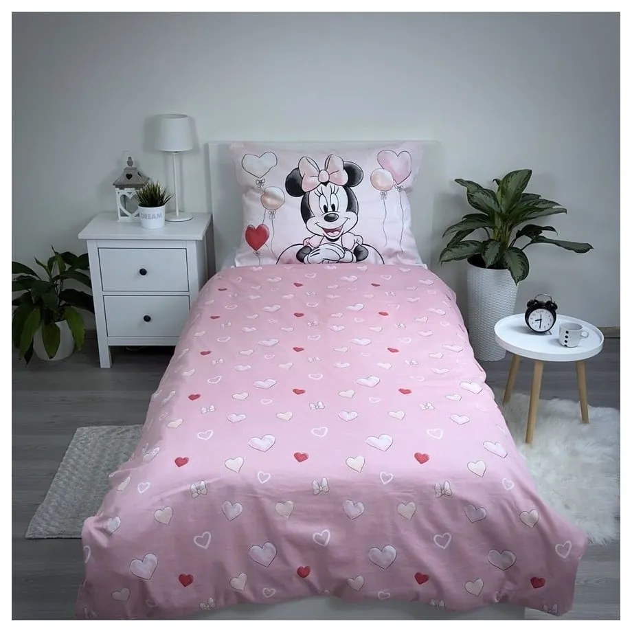Set copripiumino e federa da bambini rosa in cotone per letto singolo 140x200 cm Minnie "Balloon" – Jerry Fabrics