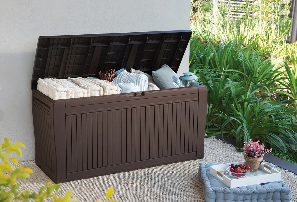 Baule Cassapanca da Esterno 116,7x57x44,7 cm in Resina Effetto Legno Keter Comfy Marrone...