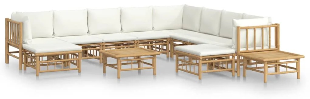 Set salotto da giardino 12pz con cuscini bianco crema in bambù