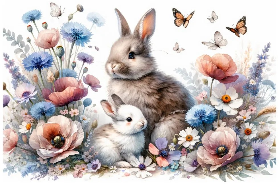 Quadro su tela – Coniglietti in giardino primaverile in fiore