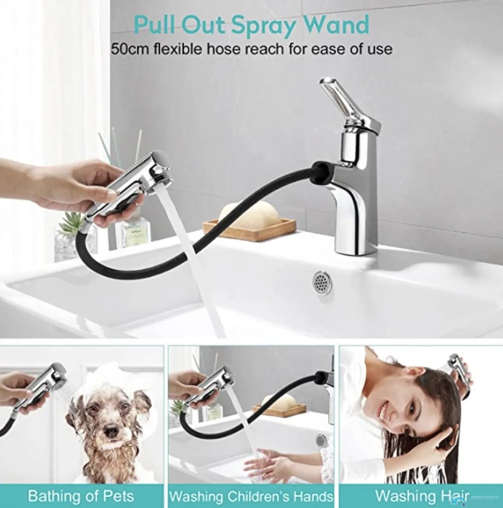 Rubinetto da bagno EYN IZK1444 con doccetta estraibile, in cromo o nero opaco — Cromo — Bassa