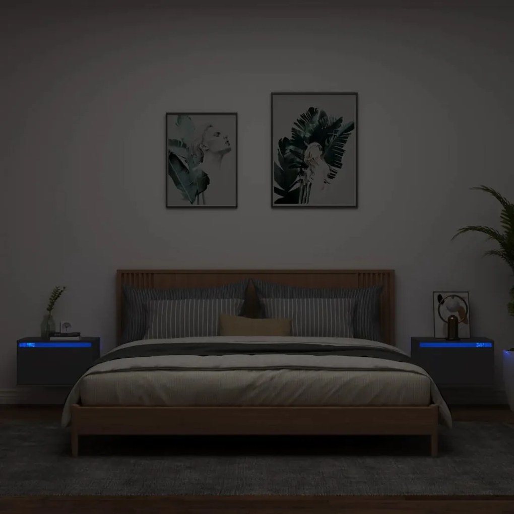Comodini A Parete Con Luci Led 2 Pz Neri /