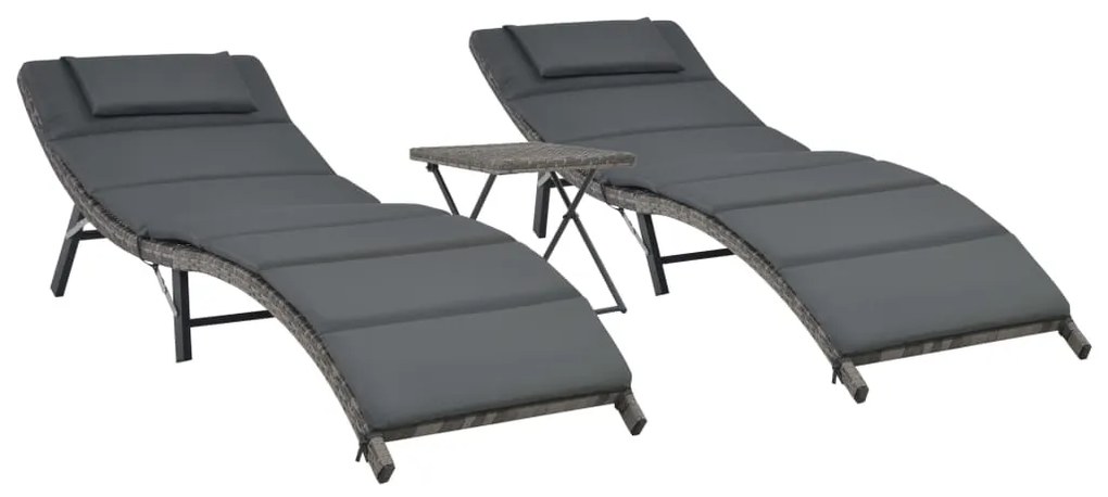 Set Lettini Da Giardino 3 Pz Pieghevoli İn Polyrattan Grigio /