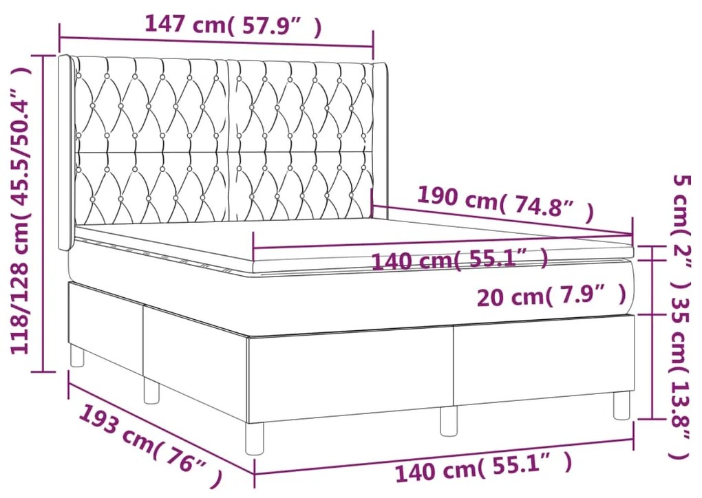 Letto a Molle con Materasso e LED Tortora 140x190 cm in Tessuto