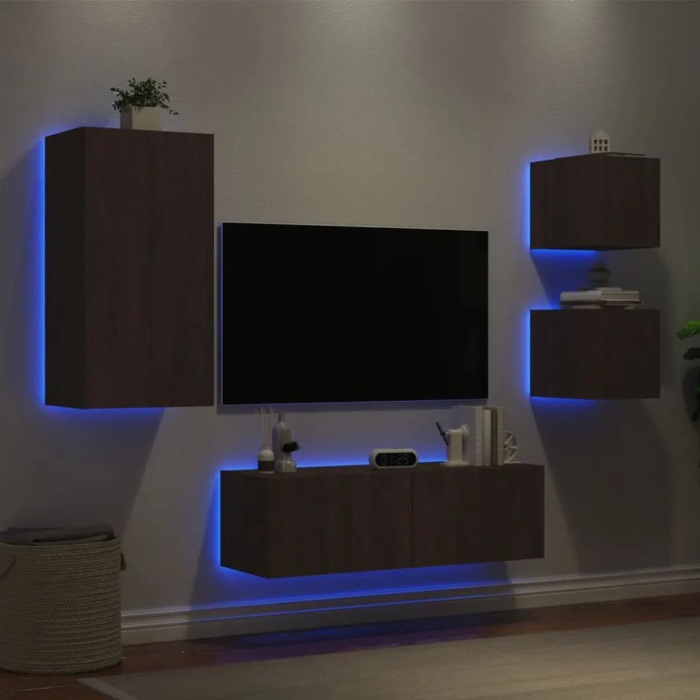 Mobili tv a muro 4pz con luci led rovere marrone