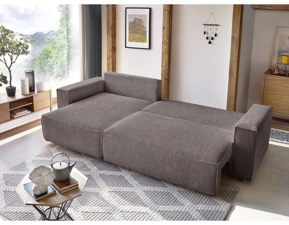 Divano angolare grigio tortora allungabile/con contenitore con rivestimento in velluto a coste Nihad – Bobochic Paris