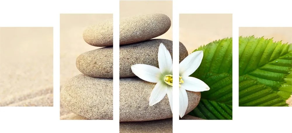 Quadri 5 pezzi – Fiore bianco e pietre nella sabbia
