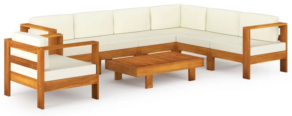 Set divani giardino 8 pz cuscini bianco crema in legno d&#039;acacia