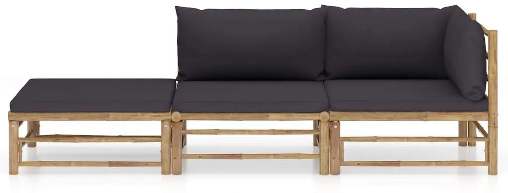 Set divani da giardino 3 pz con cuscini grigio scuro in bambù